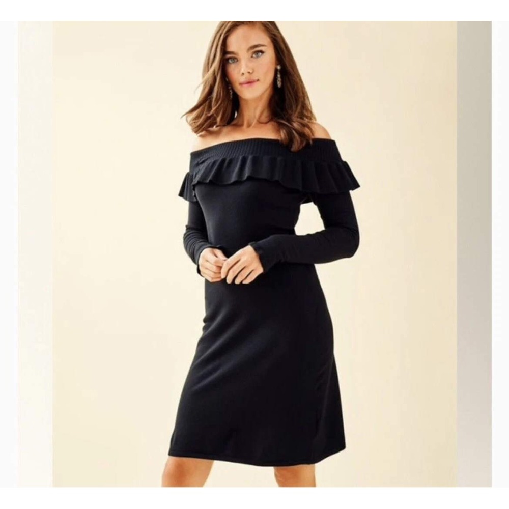 Lilly Pulitzer Moda Off the Shoulder Black Sweater Dress Size L